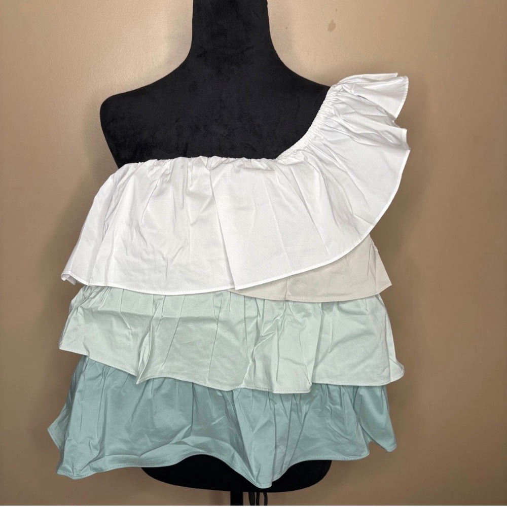 Ee:some Oh So Lovely One Shoulder Tiered Ruffle Top Sage White Large NWT